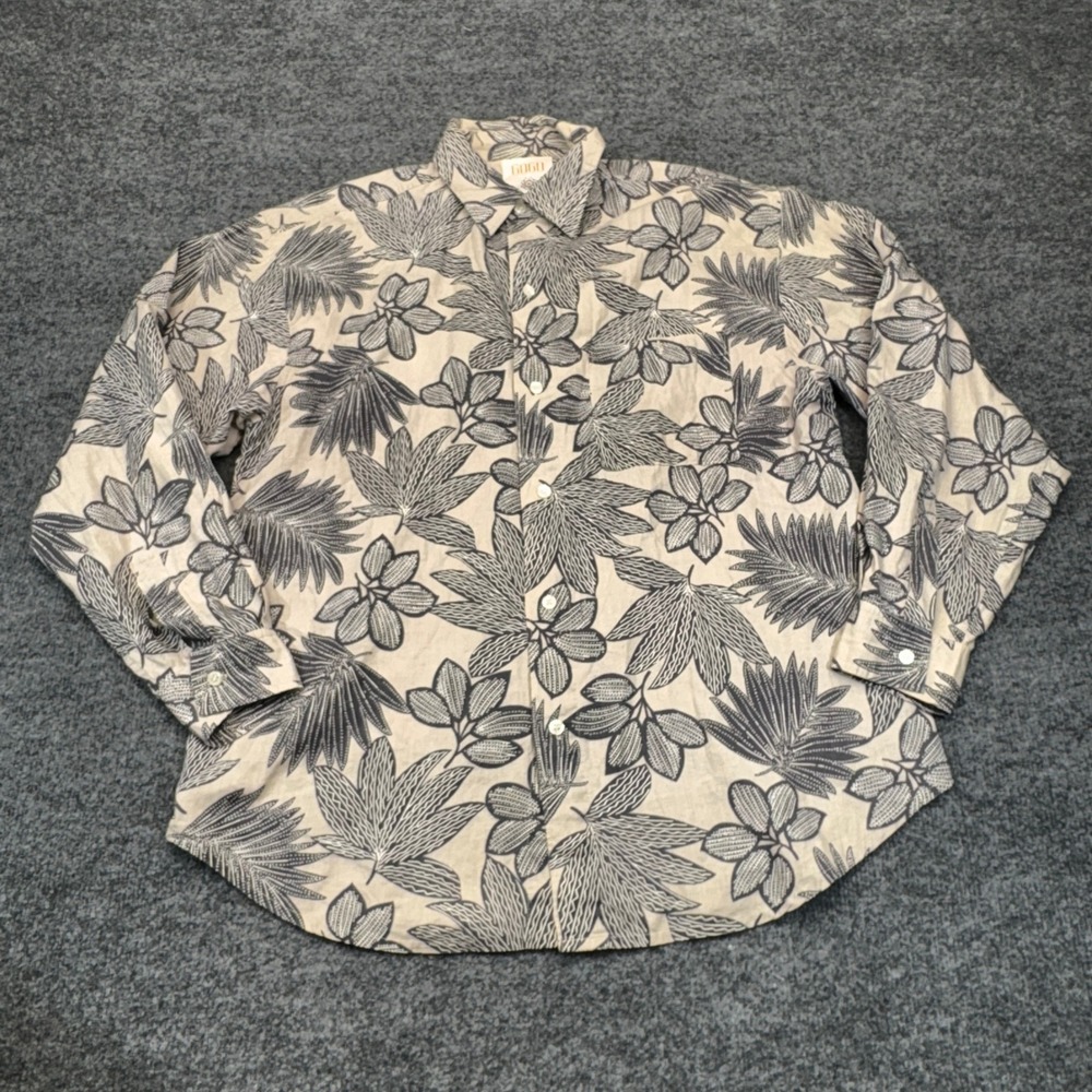 Gogo Jeans Shirt Mens XL Beige Floral Hawaiian Button Up Cotton Japan Y2K